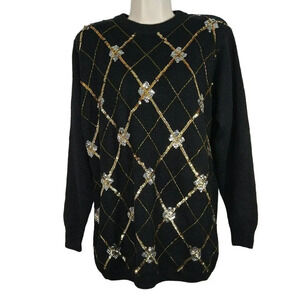 Vtg Alfred Dunner Tunic Sweater Women Size M Black Silver Gold Sequins Long Slv